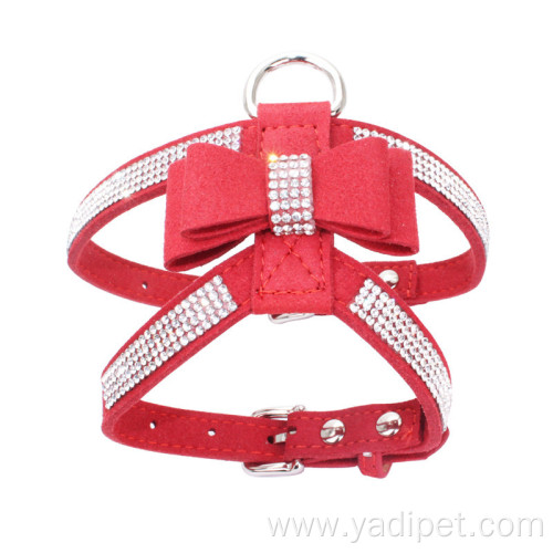 Shiny hot diamond bowknot pet water drill dog chest strap suede microfiber dog pet harness accessories safety dog